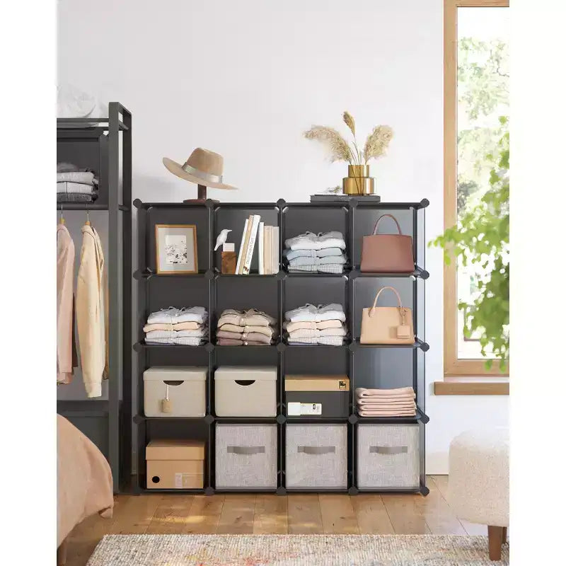 Cube Storage Organizer, Set of 16 Plastic Cubes, Cube Shelf, Book Shelf, Closet Organizers and Storage, Room Organization, 12.2 x 48.4 x 48.4 Inches