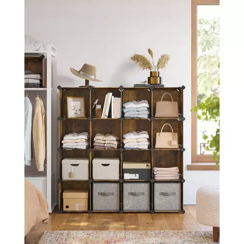 Cube Storage Organizer, Set of 16 Plastic Cubes, Cube Shelf, Book Shelf, Closet Organizers and Storage, Room Organization, 12.2 x 48.4 x 48.4 Inches