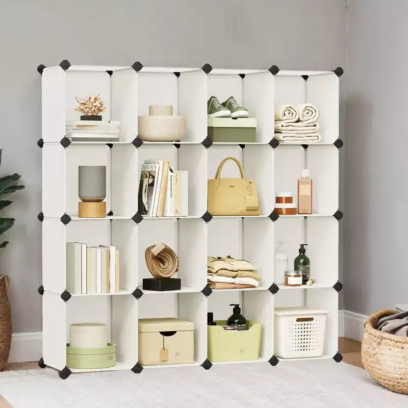 Cube Storage Organizer, Set of 16 Plastic Cubes, Cube Shelf, Book Shelf, Closet Organizers and Storage, Room Organization, 12.2 x 48.4 x 48.4 Inches