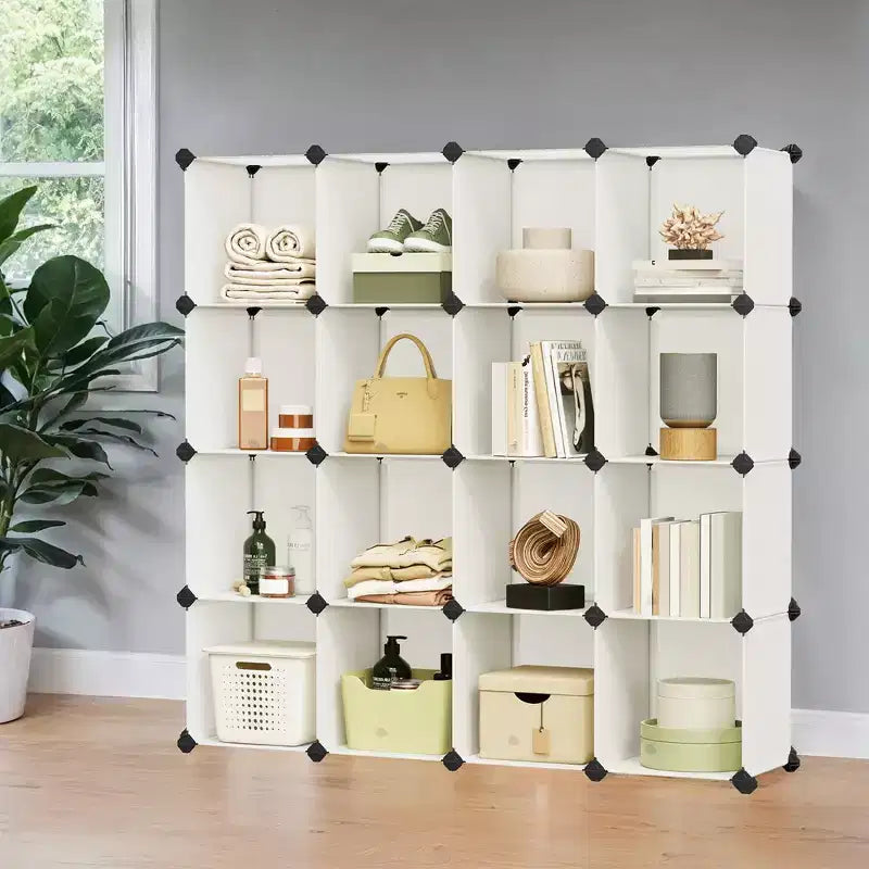 Cube Storage Organizer, Set of 16 Plastic Cubes, Cube Shelf, Book Shelf, Closet Organizers and Storage, Room Organization, 12.2 x 48.4 x 48.4 Inches