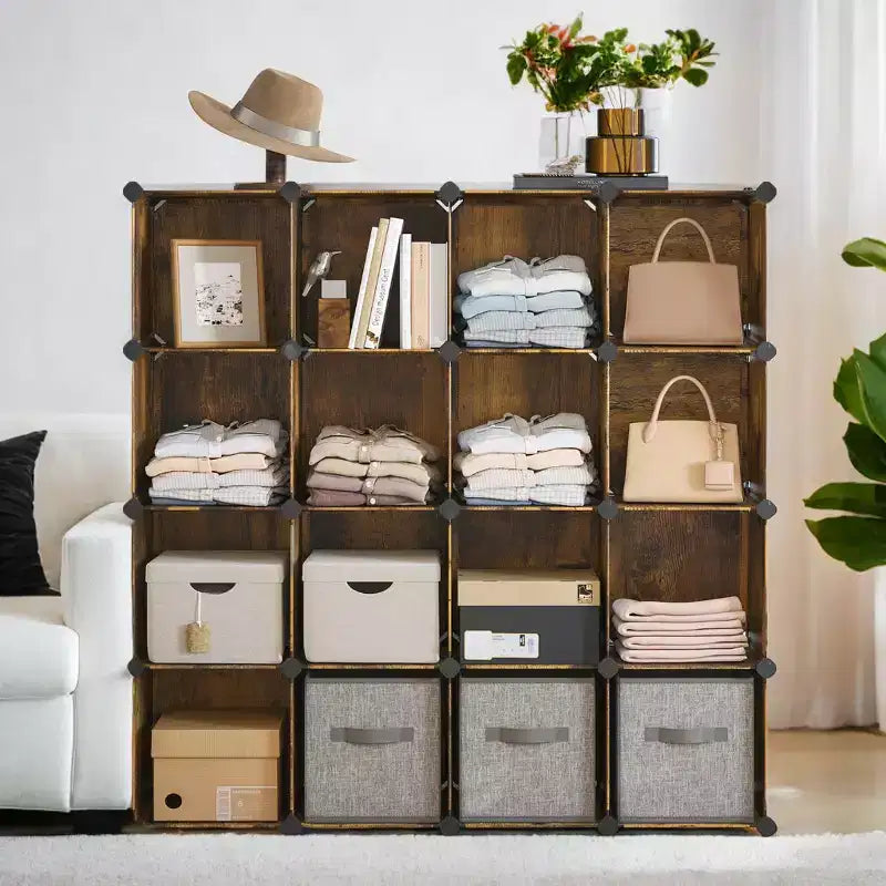 Cube Storage Organizer, Set of 16 Plastic Cubes, Cube Shelf, Book Shelf, Closet Organizers and Storage, Room Organization, 12.2 x 48.4 x 48.4 Inches