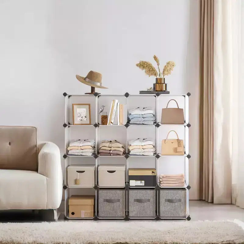 Cube Storage Organizer, Set of 16 Plastic Cubes, Cube Shelf, Book Shelf, Closet Organizers and Storage, Room Organization, 12.2 x 48.4 x 48.4 Inches