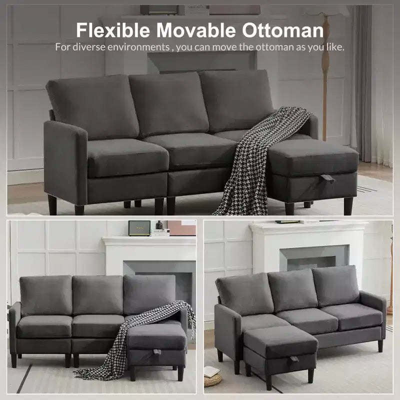 HYLEORY L-Shaped Convertible Sectional Sofa Couch 3 Seater with Linen Fabric, Complete with Ottoman, for Living Room, Apartment and Office