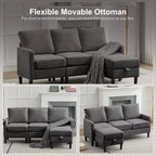 HYLEORY L-Shaped Convertible Sectional Sofa Couch 3 Seater with Linen Fabric, Complete with Ottoman, for Living Room, Apartment and Office