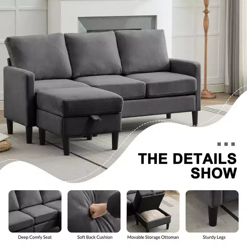 HYLEORY L-Shaped Convertible Sectional Sofa Couch 3 Seater with Linen Fabric, Complete with Ottoman, for Living Room, Apartment and Office