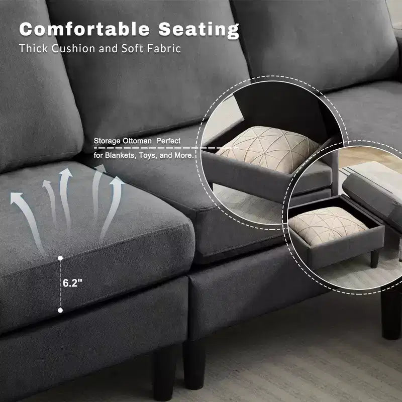 HYLEORY L-Shaped Convertible Sectional Sofa Couch 3 Seater with Linen Fabric, Complete with Ottoman, for Living Room, Apartment and Office