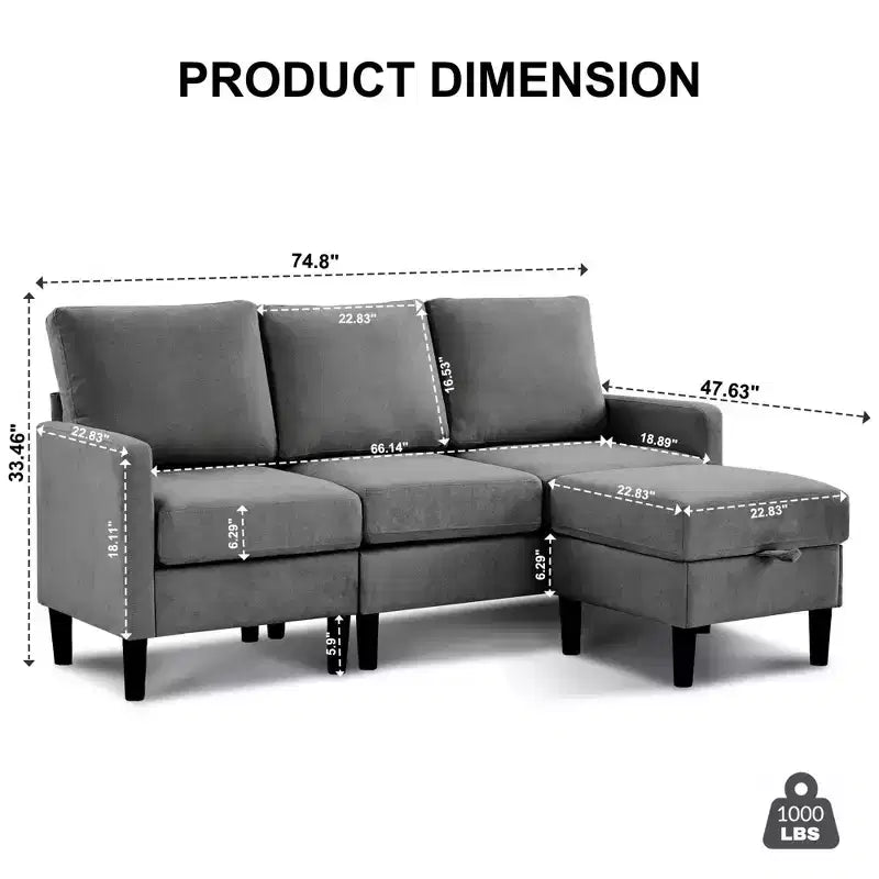 HYLEORY L-Shaped Convertible Sectional Sofa Couch 3 Seater with Linen Fabric, Complete with Ottoman, for Living Room, Apartment and Office