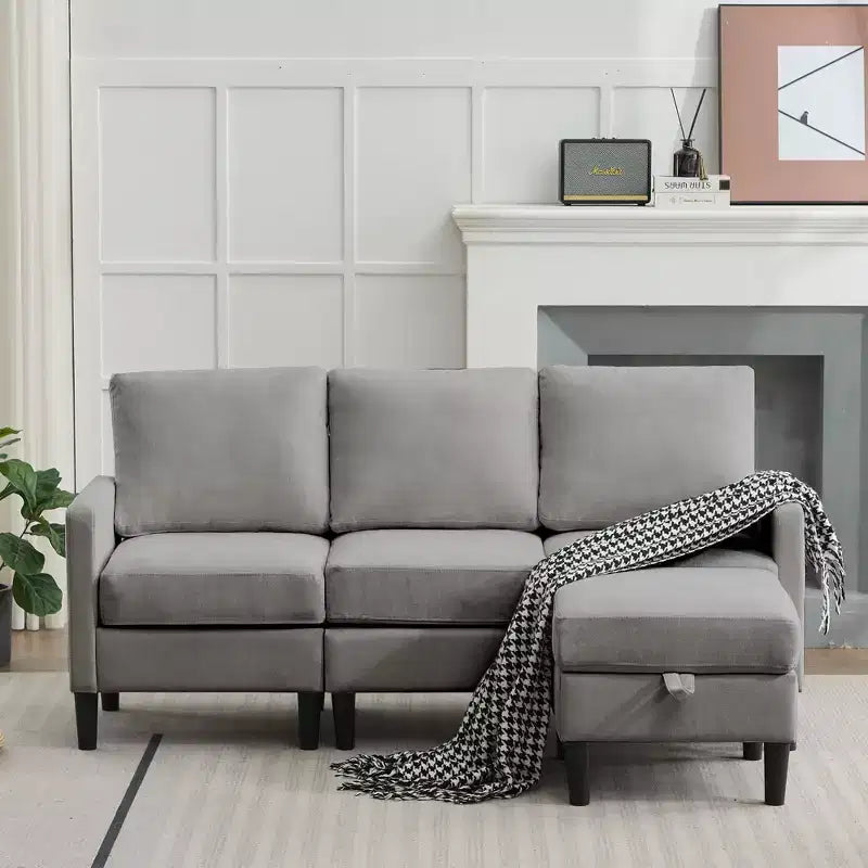 HYLEORY L-Shaped Convertible Sectional Sofa Couch 3 Seater with Linen Fabric, Complete with Ottoman, for Living Room, Apartment and Office