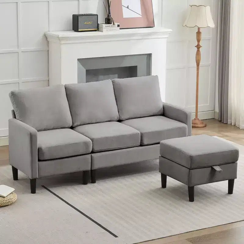 HYLEORY L-Shaped Convertible Sectional Sofa Couch 3 Seater with Linen Fabric, Complete with Ottoman, for Living Room, Apartment and Office