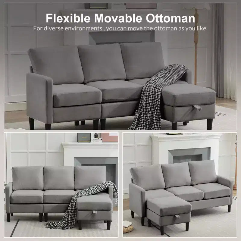 HYLEORY L-Shaped Convertible Sectional Sofa Couch 3 Seater with Linen Fabric, Complete with Ottoman, for Living Room, Apartment and Office