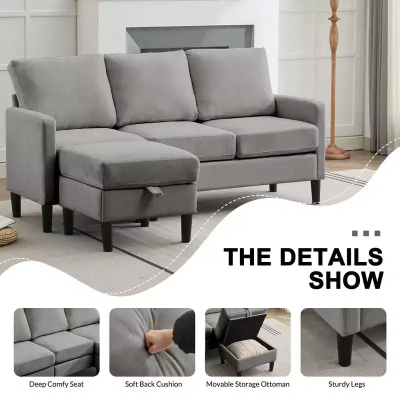 HYLEORY L-Shaped Convertible Sectional Sofa Couch 3 Seater with Linen Fabric, Complete with Ottoman, for Living Room, Apartment and Office