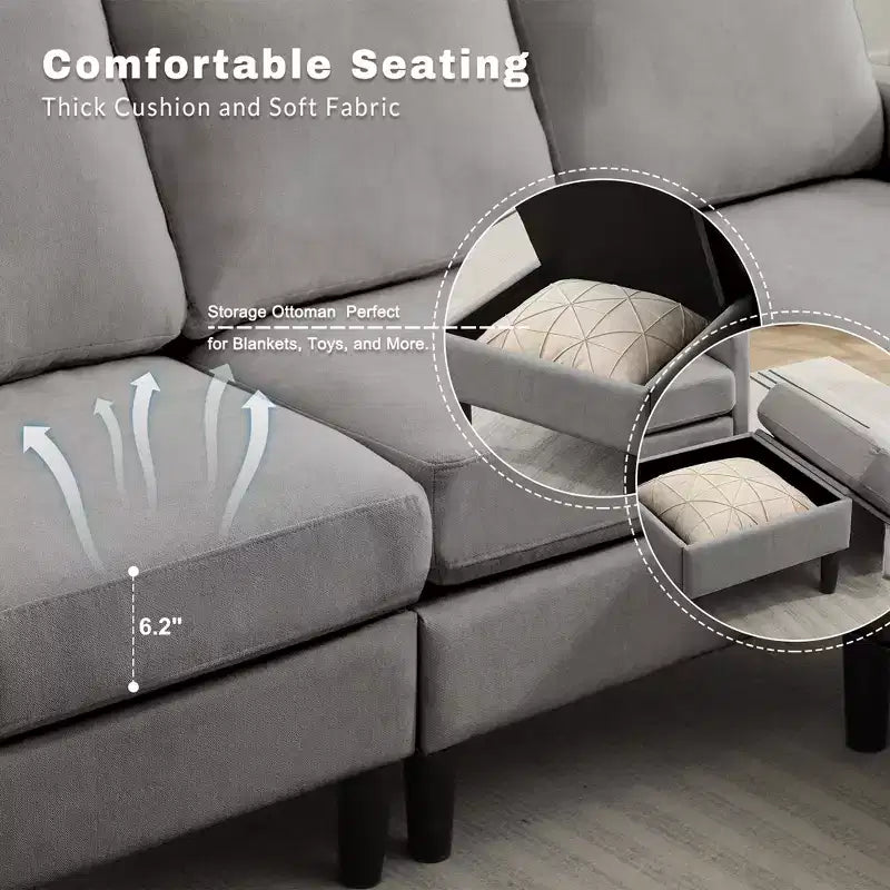HYLEORY L-Shaped Convertible Sectional Sofa Couch 3 Seater with Linen Fabric, Complete with Ottoman, for Living Room, Apartment and Office