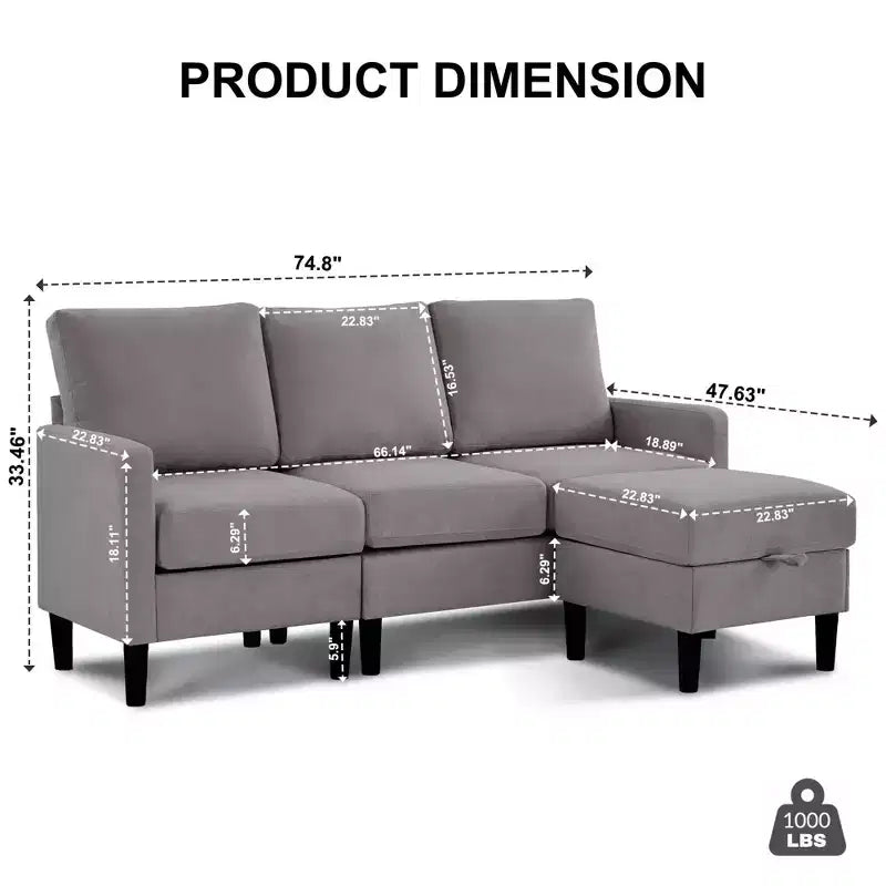 HYLEORY L-Shaped Convertible Sectional Sofa Couch 3 Seater with Linen Fabric, Complete with Ottoman, for Living Room, Apartment and Office