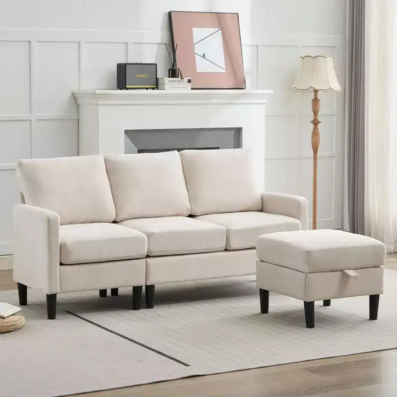 HYLEORY L-Shaped Convertible Sectional Sofa Couch 3 Seater with Linen Fabric, Complete with Ottoman, for Living Room, Apartment and Office