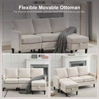 HYLEORY L-Shaped Convertible Sectional Sofa Couch 3 Seater with Linen Fabric, Complete with Ottoman, for Living Room, Apartment and Office