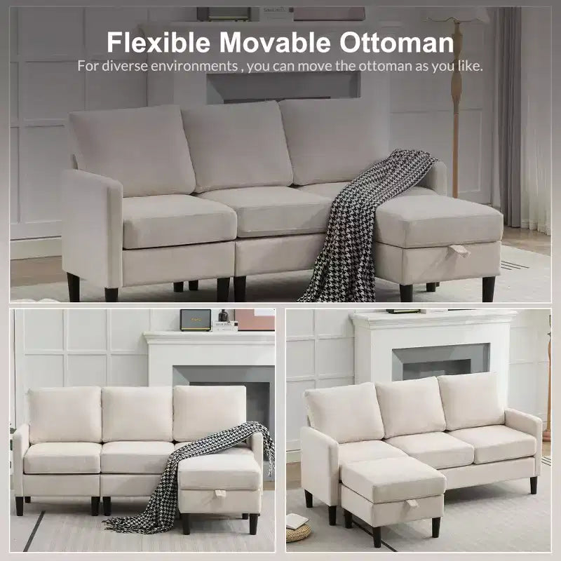 HYLEORY L-Shaped Convertible Sectional Sofa Couch 3 Seater with Linen Fabric, Complete with Ottoman, for Living Room, Apartment and Office