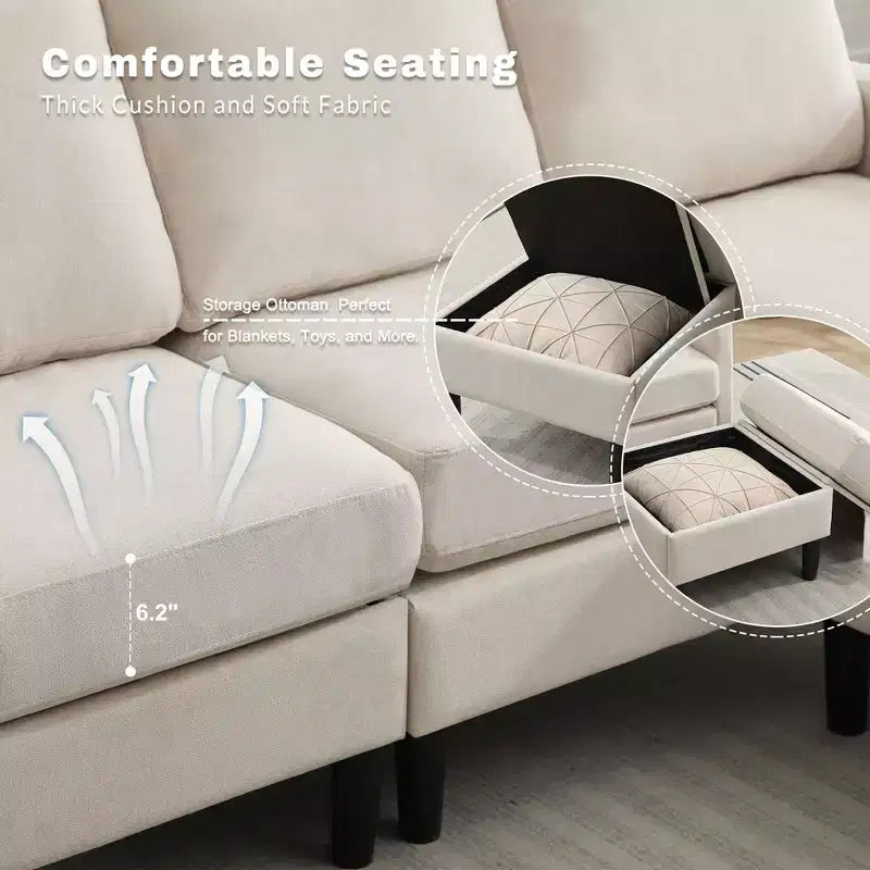 HYLEORY L-Shaped Convertible Sectional Sofa Couch 3 Seater with Linen Fabric, Complete with Ottoman, for Living Room, Apartment and Office