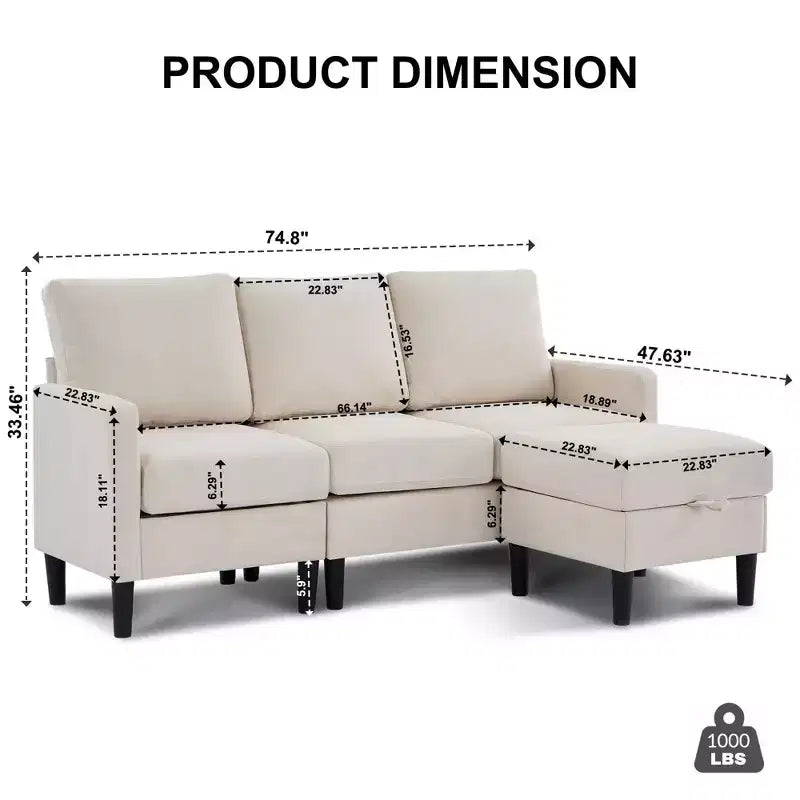 HYLEORY L-Shaped Convertible Sectional Sofa Couch 3 Seater with Linen Fabric, Complete with Ottoman, for Living Room, Apartment and Office