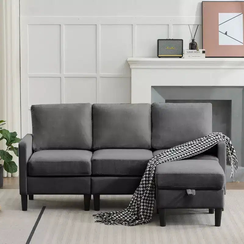 HYLEORY L-Shaped Convertible Sectional Sofa Couch 3 Seater with Linen Fabric, Complete with Ottoman, for Living Room, Apartment and Office