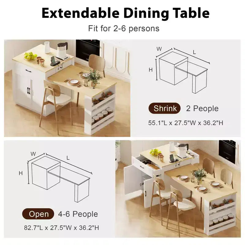 82.7 inch White Kitchen Island with Extendable Dining Table for 4-6 Person,Two-tone Kitchen Table with Double-sized Storage