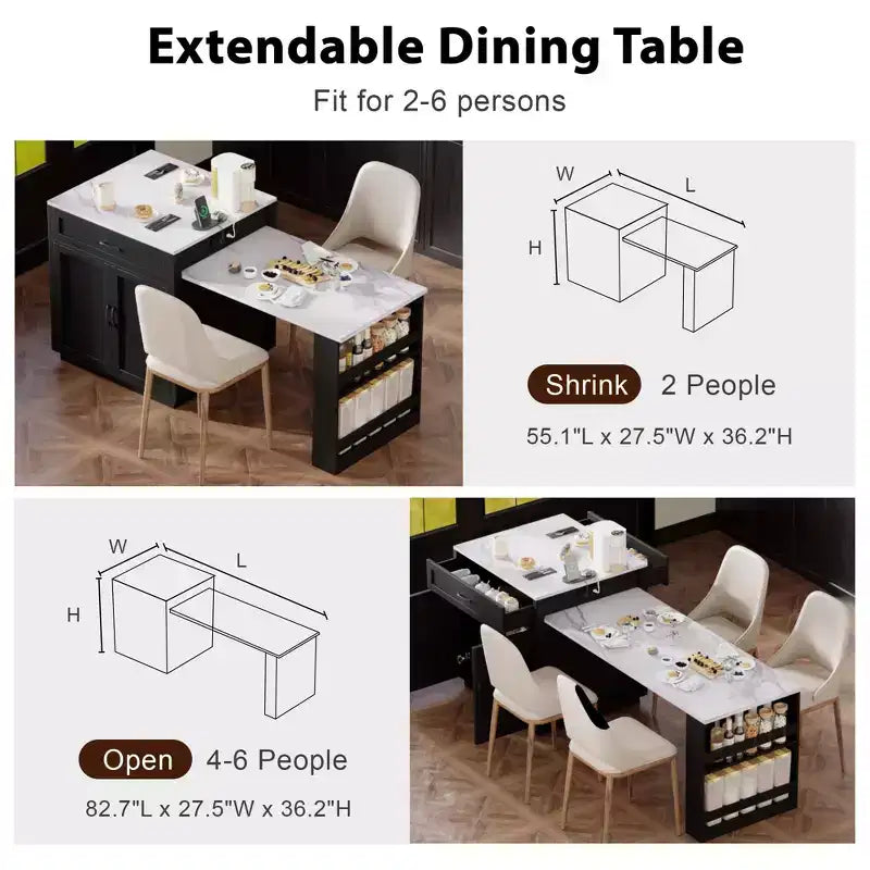 82.7 inch White Kitchen Island with Extendable Dining Table for 4-6 Person,Two-tone Kitchen Table with Double-sized Storage