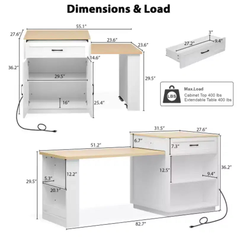 82.7 inch White Kitchen Island with Extendable Dining Table for 4-6 Person,Two-tone Kitchen Table with Double-sized Storage