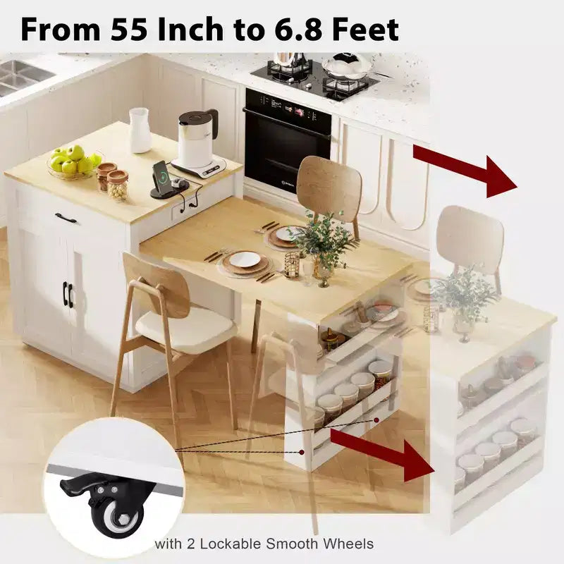 82.7 inch White Kitchen Island with Extendable Dining Table for 4-6 Person,Two-tone Kitchen Table with Double-sized Storage
