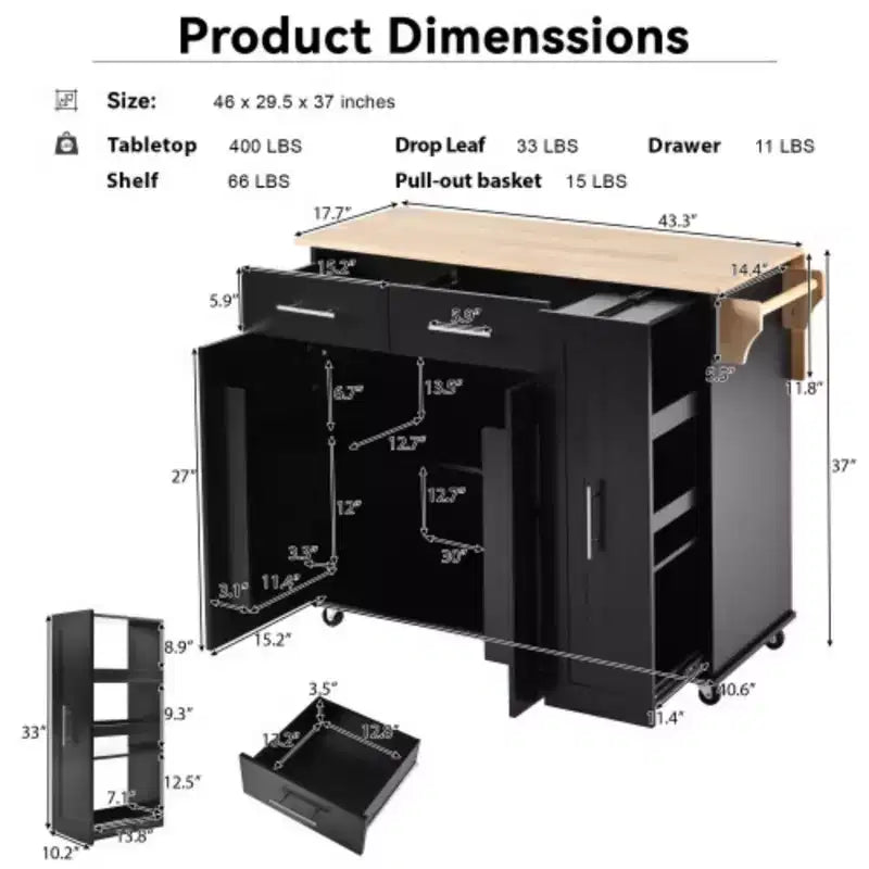 Black Kitchen Island with Drop Leaf 3 Tier Cabinet Organizer, Rolling Kitchen Cart on Wheels for Kitchen Dining Room