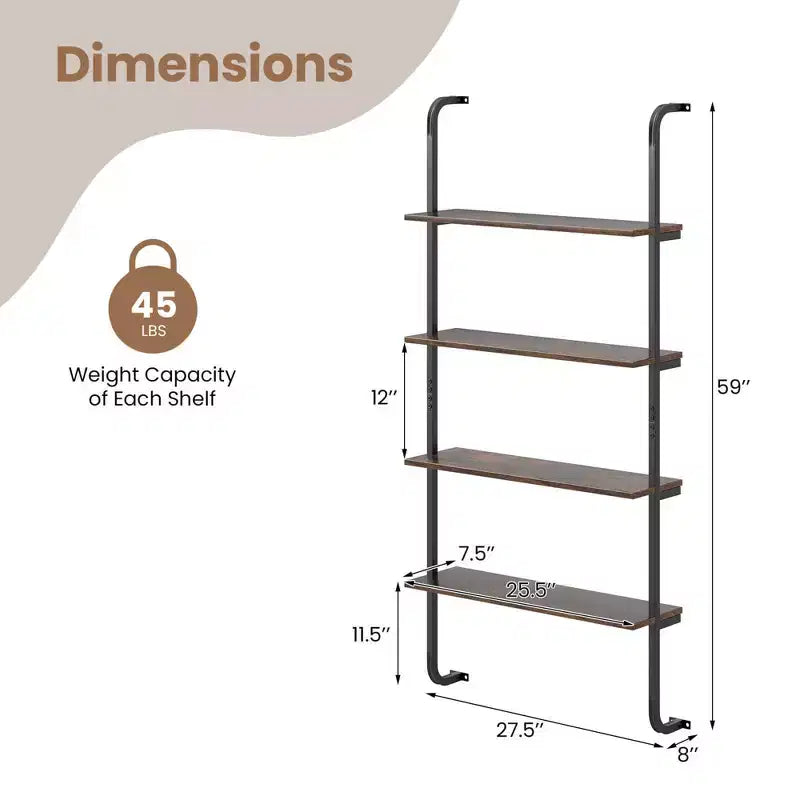 Costway 1/2 PCS 4-Tier Wall-mounted Ladder Shelf Display Bookshelf with Heavy-duty Metal Frame