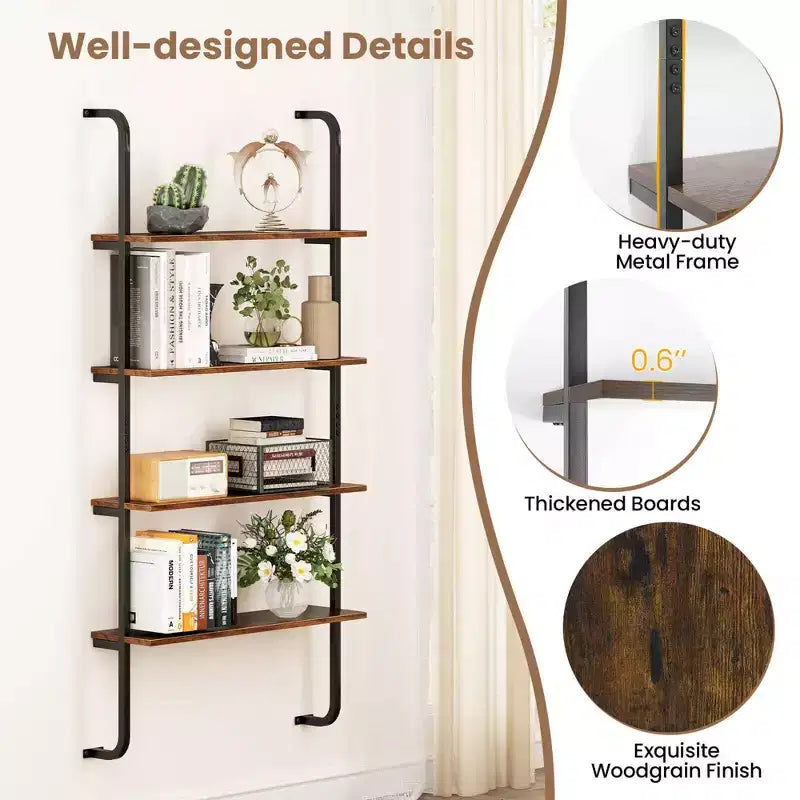Costway 1/2 PCS 4-Tier Wall-mounted Ladder Shelf Display Bookshelf with Heavy-duty Metal Frame