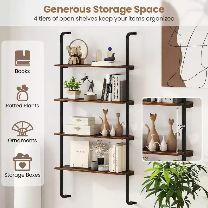 Costway 1/2 PCS 4-Tier Wall-mounted Ladder Shelf Display Bookshelf with Heavy-duty Metal Frame