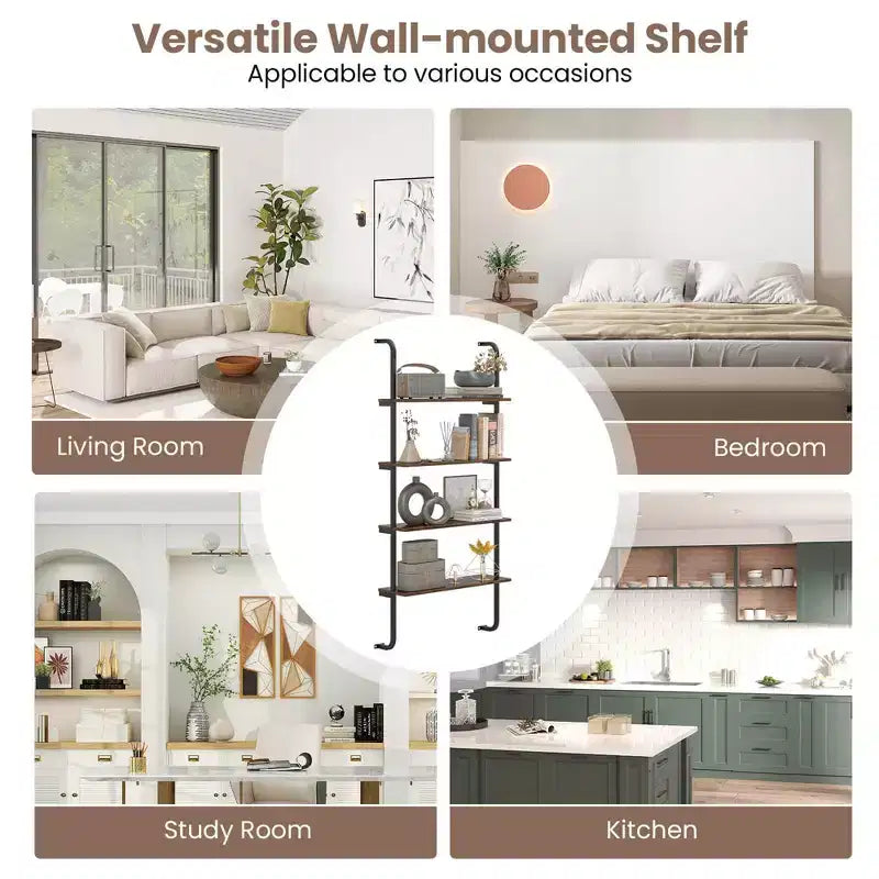 Costway 1/2 PCS 4-Tier Wall-mounted Ladder Shelf Display Bookshelf with Heavy-duty Metal Frame