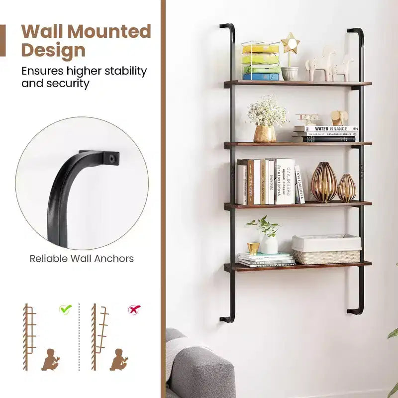 Costway 1/2 PCS 4-Tier Wall-mounted Ladder Shelf Display Bookshelf with Heavy-duty Metal Frame