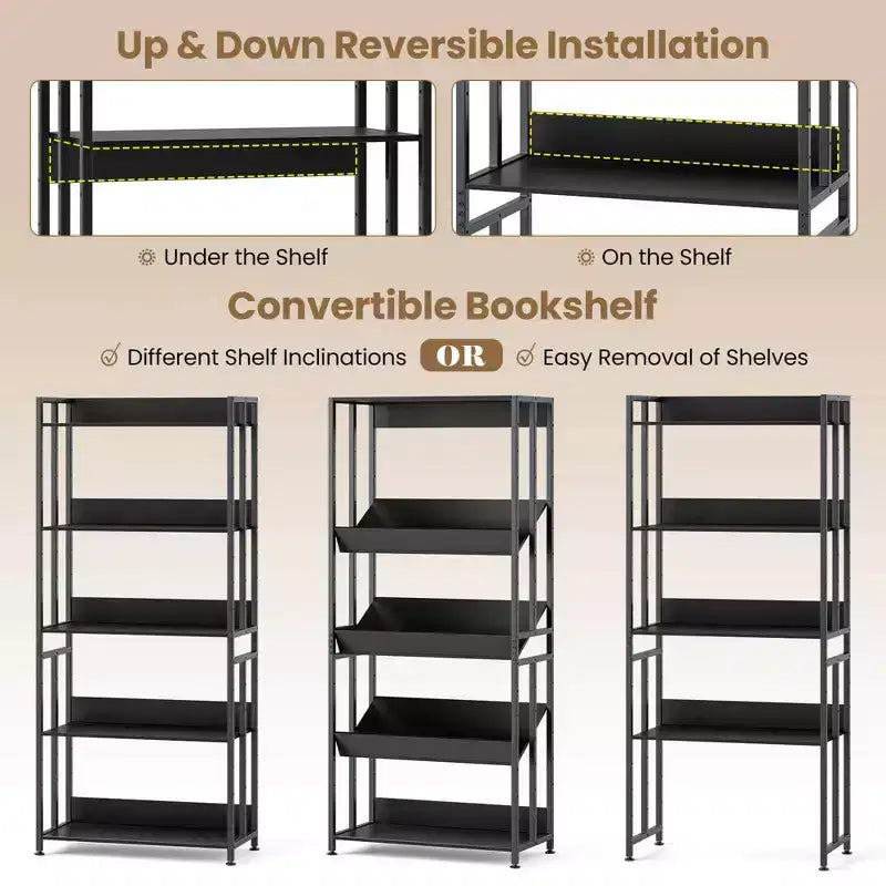 Costway 1/2 PCS 5 Tier Bookshelf 62 Tall Bookcase with Tiltable Shelves Display Storage Rack