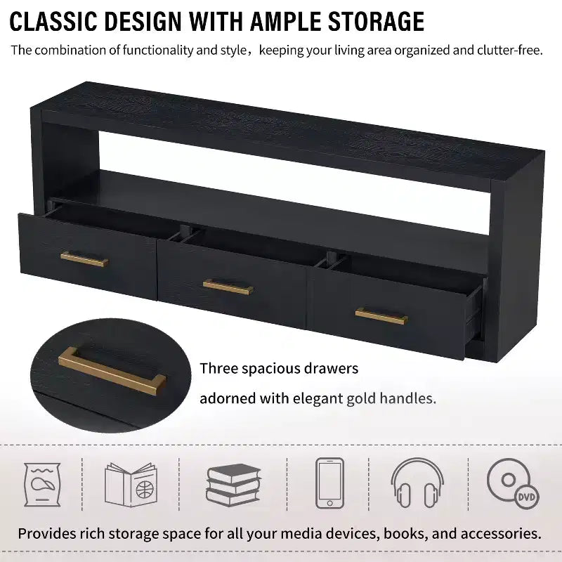 74W TV Stand TV Console Storage Cabinet Entertainment Center Sideboard with 3 Drawers and Open Shelf, Brown/Black/Gray- Christopher Knight Home