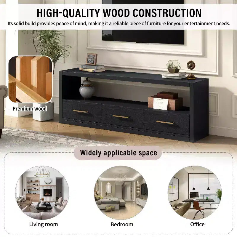 74W TV Stand TV Console Storage Cabinet Entertainment Center Sideboard with 3 Drawers and Open Shelf, Brown/Black/Gray- Christopher Knight Home