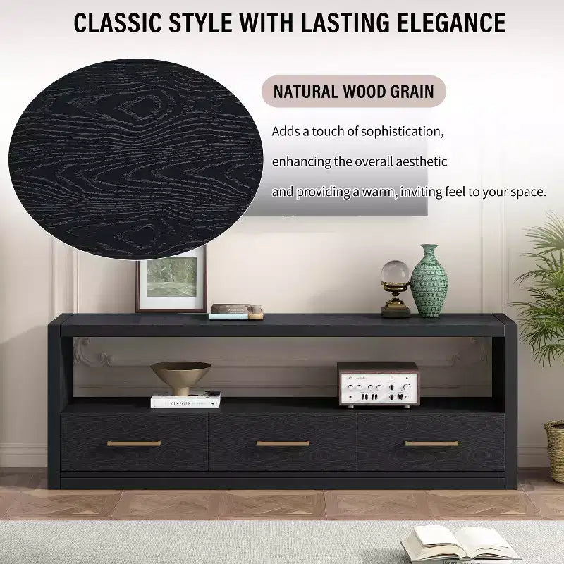 74W TV Stand TV Console Storage Cabinet Entertainment Center Sideboard with 3 Drawers and Open Shelf, Brown/Black/Gray- Christopher Knight Home