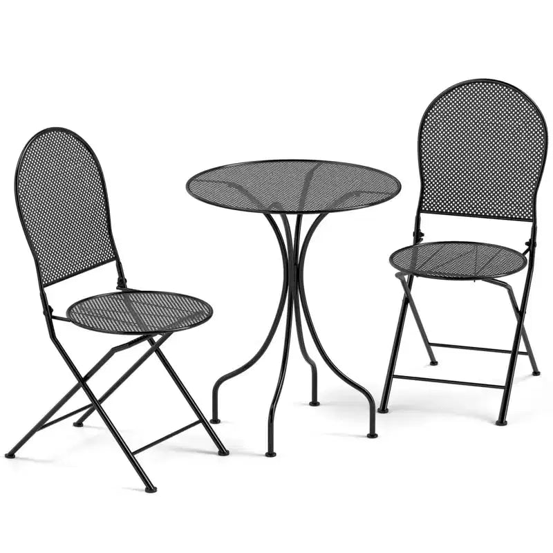 Costway 3 PCS Metal Bistro Set Round Table & 2 Folding Chairs with Rattan-Like Pattern Black/White
