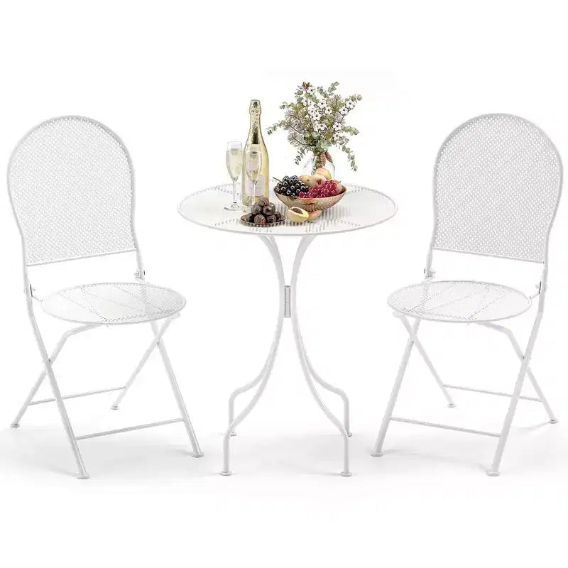 Costway 3 PCS Metal Bistro Set Round Table & 2 Folding Chairs with Rattan-Like Pattern Black/White