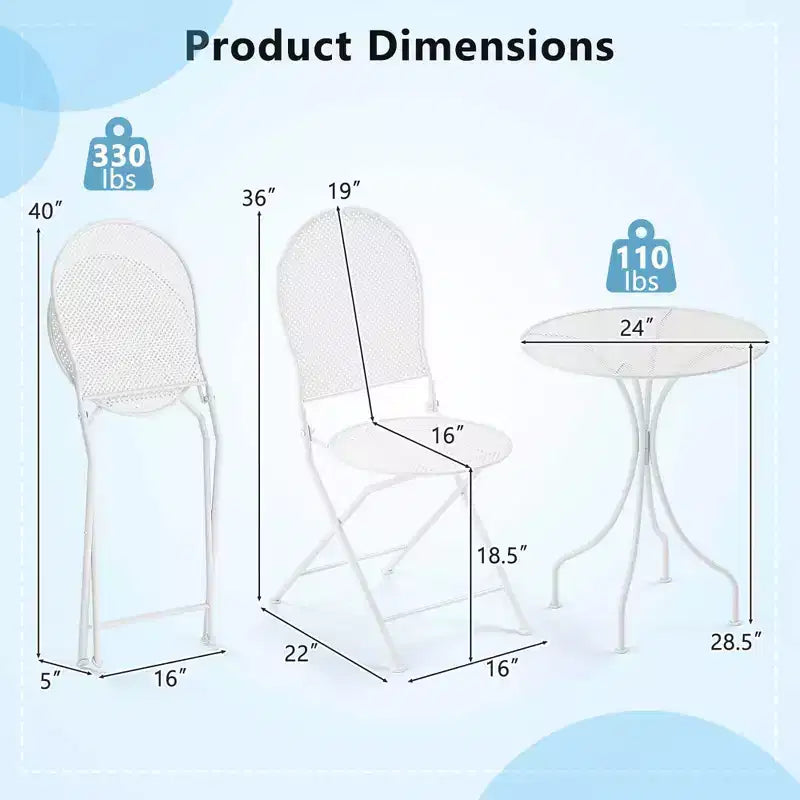 Costway 3 PCS Metal Bistro Set Round Table & 2 Folding Chairs with Rattan-Like Pattern Black/White