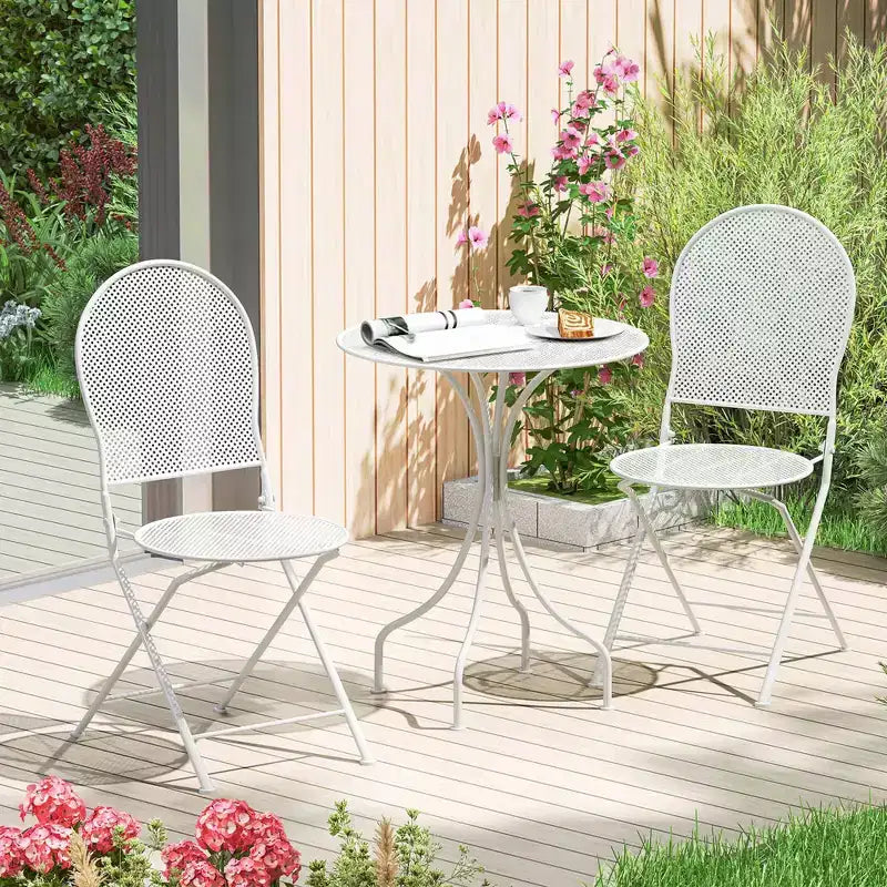 Costway 3 PCS Metal Bistro Set Round Table & 2 Folding Chairs with Rattan-Like Pattern Black/White
