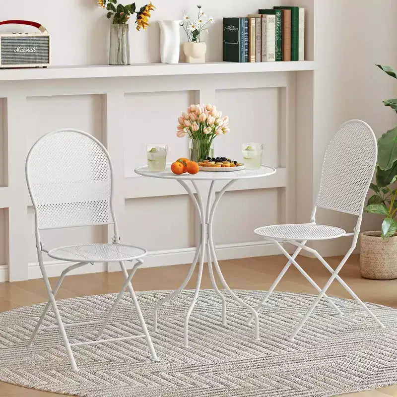 Costway 3 PCS Metal Bistro Set Round Table & 2 Folding Chairs with Rattan-Like Pattern Black/White
