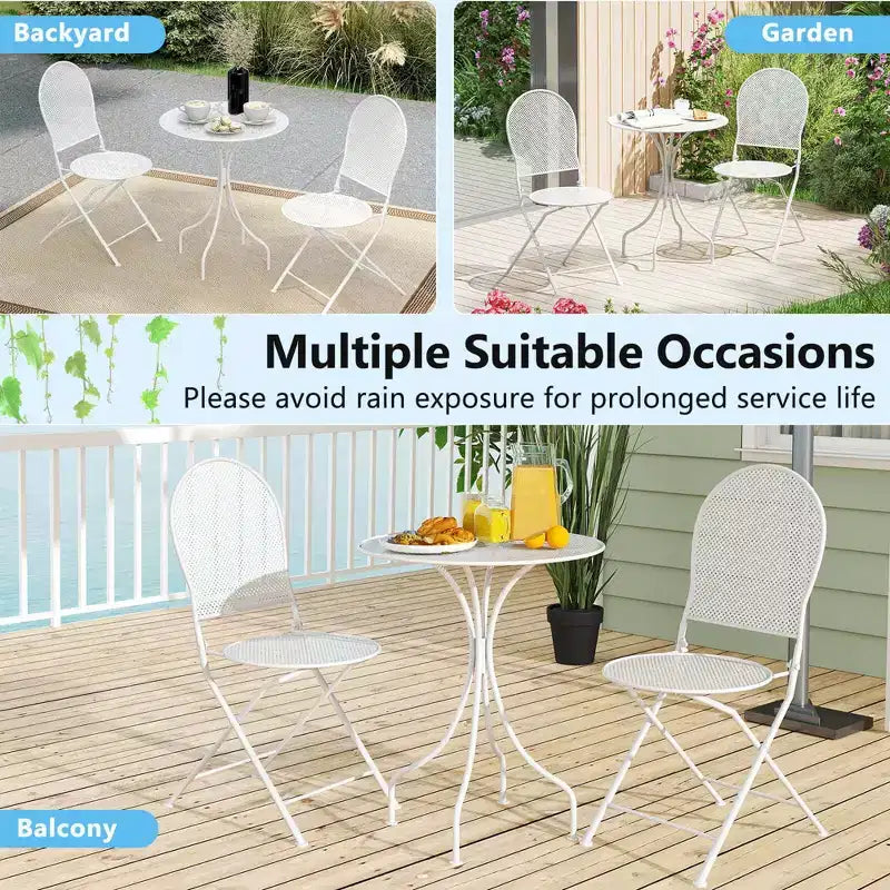 Costway 3 PCS Metal Bistro Set Round Table & 2 Folding Chairs with Rattan-Like Pattern Black/White