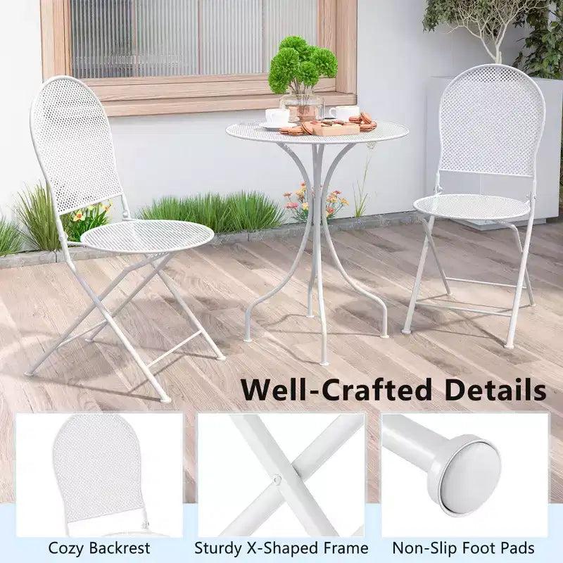 Costway 3 PCS Metal Bistro Set Round Table & 2 Folding Chairs with Rattan-Like Pattern Black/White