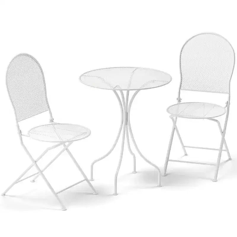 Costway 3 PCS Metal Bistro Set Round Table & 2 Folding Chairs with Rattan-Like Pattern Black/White