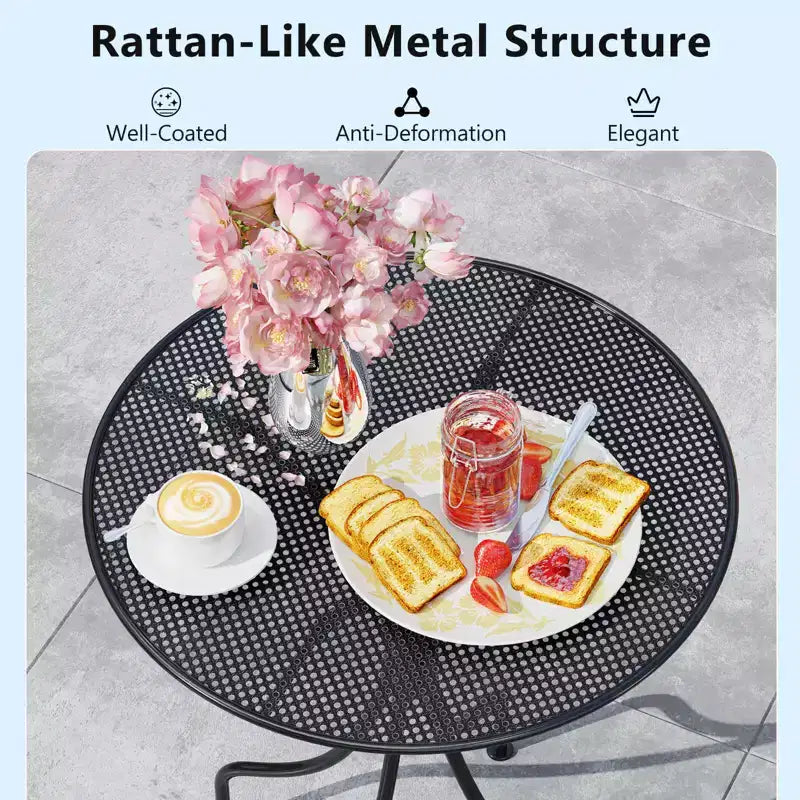 Costway 3 PCS Metal Bistro Set Round Table & 2 Folding Chairs with Rattan-Like Pattern Black/White