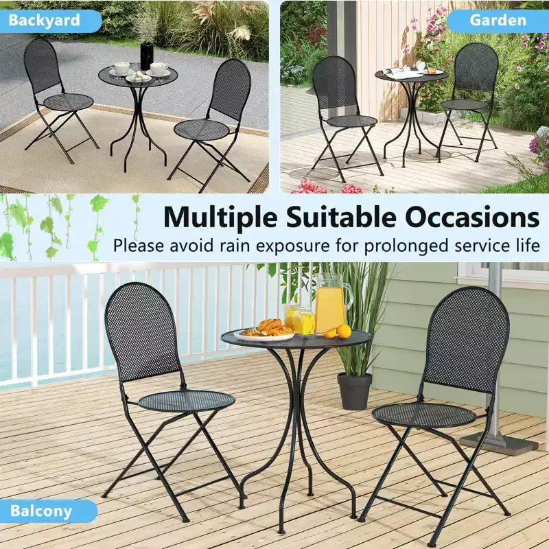 Costway 3 PCS Metal Bistro Set Round Table & 2 Folding Chairs with Rattan-Like Pattern Black/White