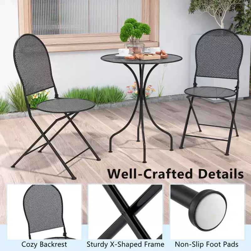 Costway 3 PCS Metal Bistro Set Round Table & 2 Folding Chairs with Rattan-Like Pattern Black/White