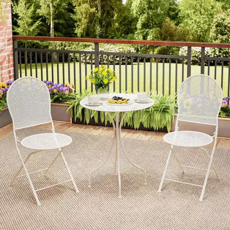 Costway 3 PCS Metal Bistro Set Round Table & 2 Folding Chairs with Rattan-Like Pattern Black/White