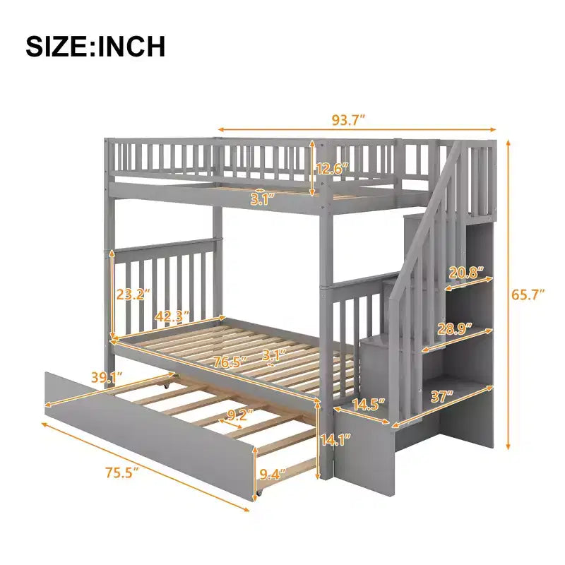 Whisen Wood Bunk Bed with Trundle and Storage Staircase